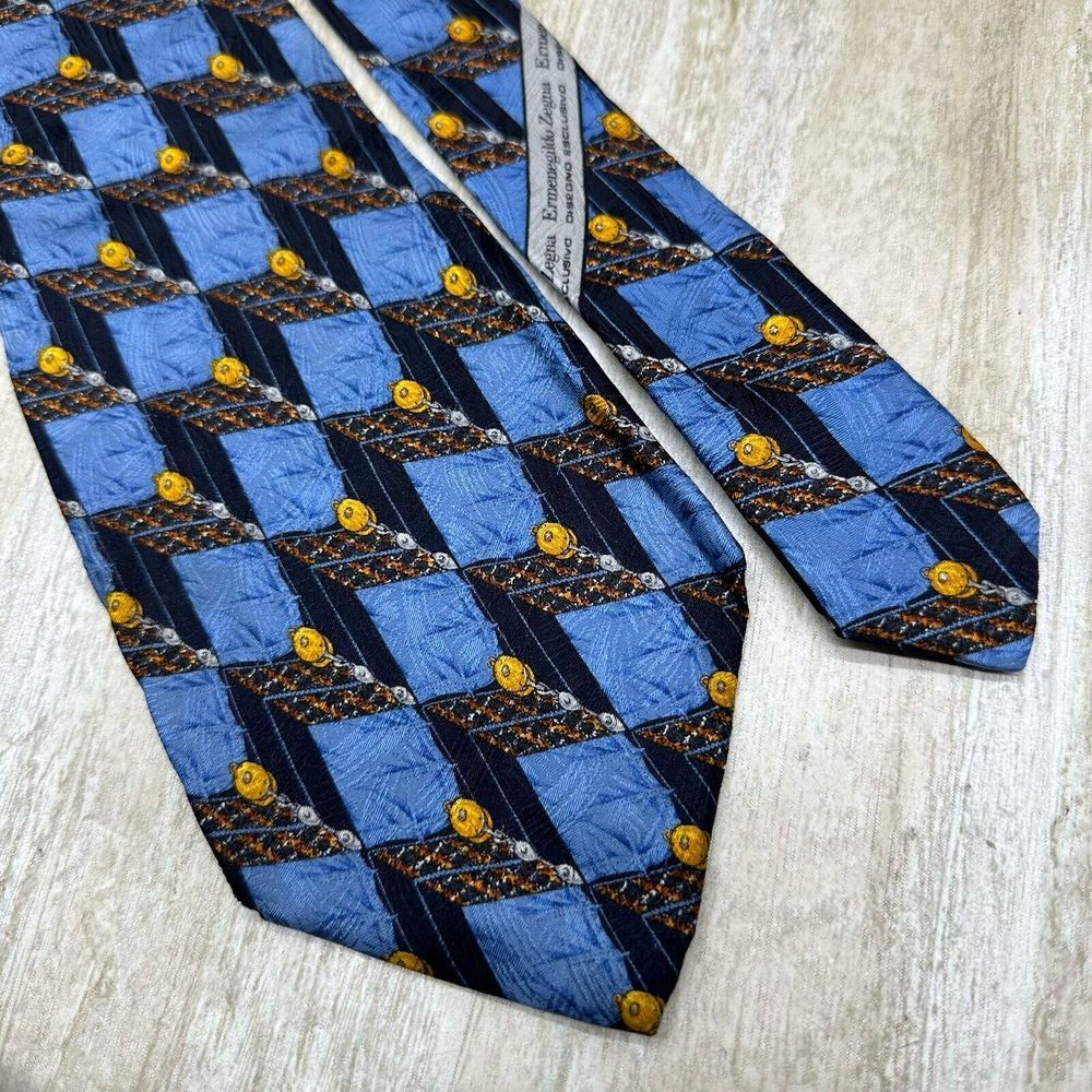 Ermenegildo Zegna Neck Tie Geometric Chain link Blue Gold Silk‎ Made in Italy